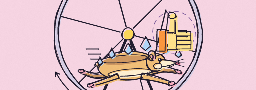 Doodle of a hamster sprinting in a wheel toward a thumbs-up sign, surrounded by empty chairs. Text: chasing approval? from whom? #GOYOW