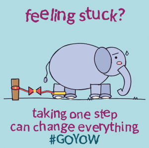 Cartoon elephant tied to a tiny stake by a thin red string with a bow, with the text 'feeling stuck? taking one step can change everything. #GOYOW'